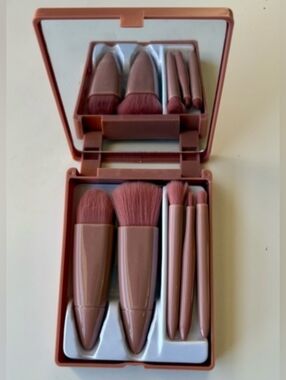 Compact Rose Pink Travel Makeup Brush Set with Mirror